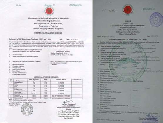 seafood document for export